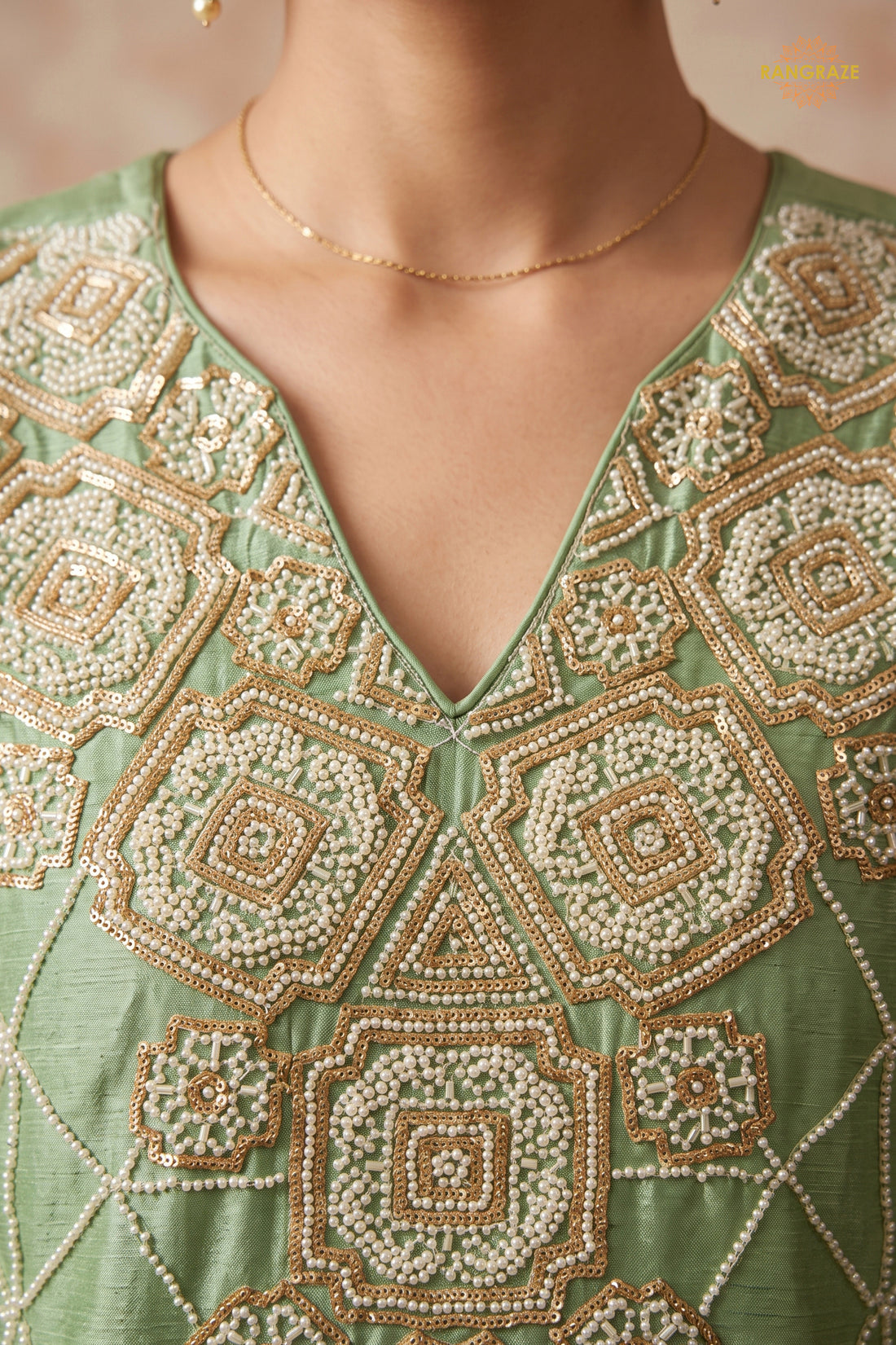 Mint Green Readymade Bead Work Chinon Palazzo Suit