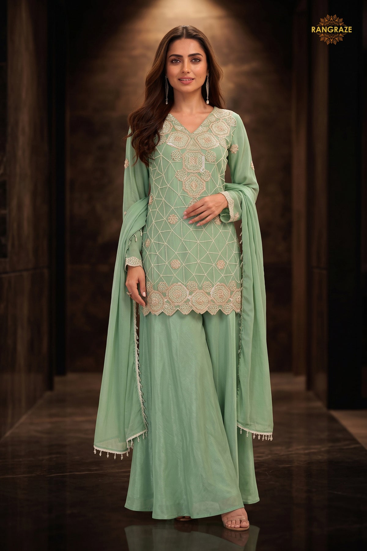Mint Green Readymade Bead Work Chinon Palazzo Suit