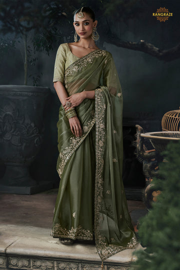 Moss Green Embroidered Tissue Organza Saree