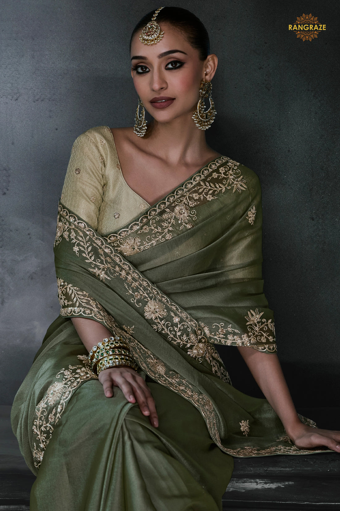 Moss Green Embroidered Tissue Organza Saree