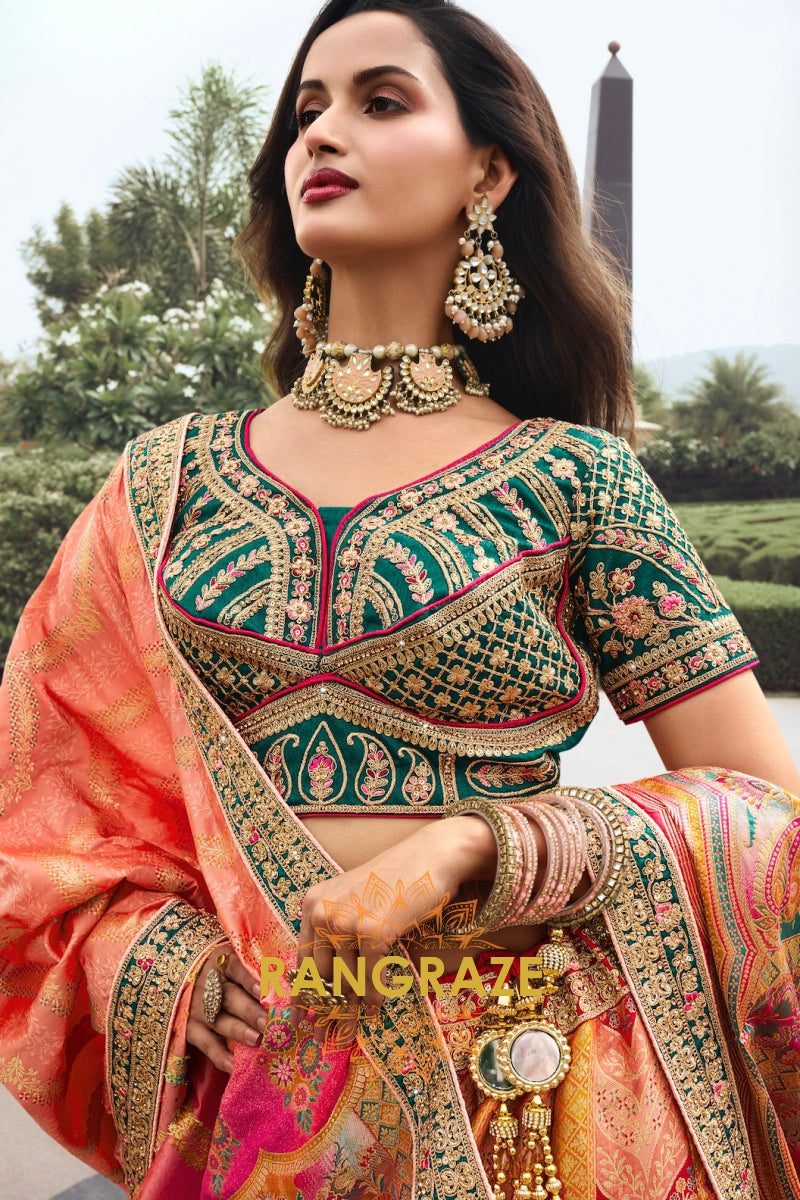 Golden Elegance: Multicolor Banarasi Silk Lehenga