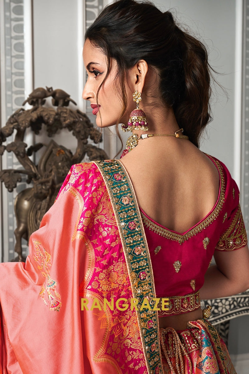 Majestic Peach Blossom Banarasi Silk Lehenga