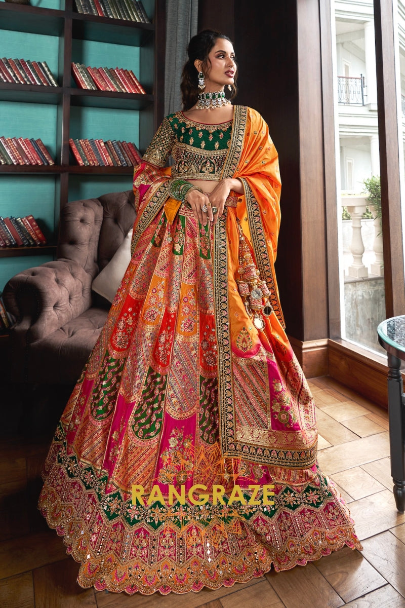 Regal Ember: Multicolor Banarasi Silk Lehenga with Potli