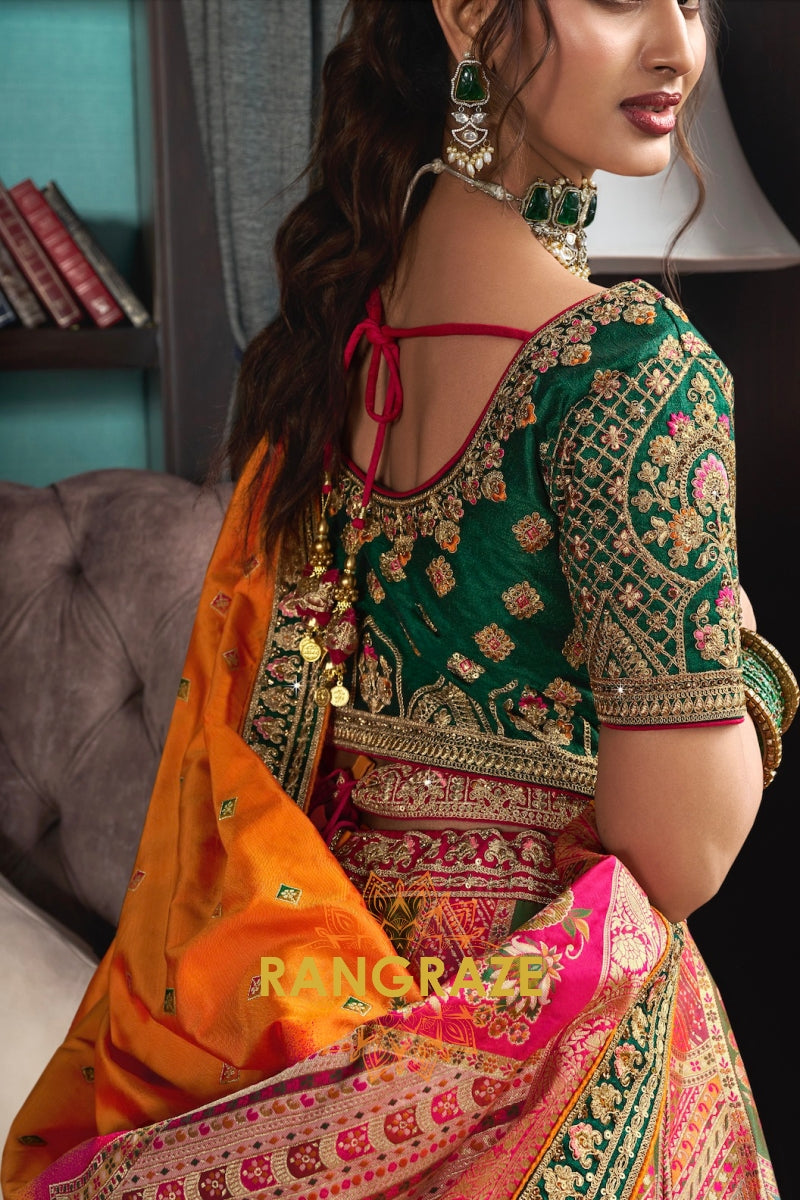 Regal Ember: Multicolor Banarasi Silk Lehenga with Potli