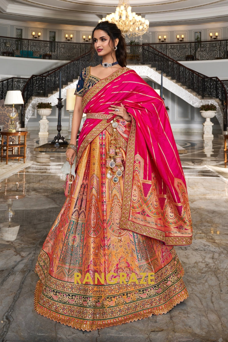 Peach Radiance Designer Banarasi Silk Lehenga with Designer Clutch