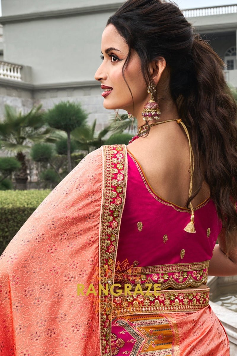 Radiant Coral Elegance Designer Banarasi Silk Lehenga