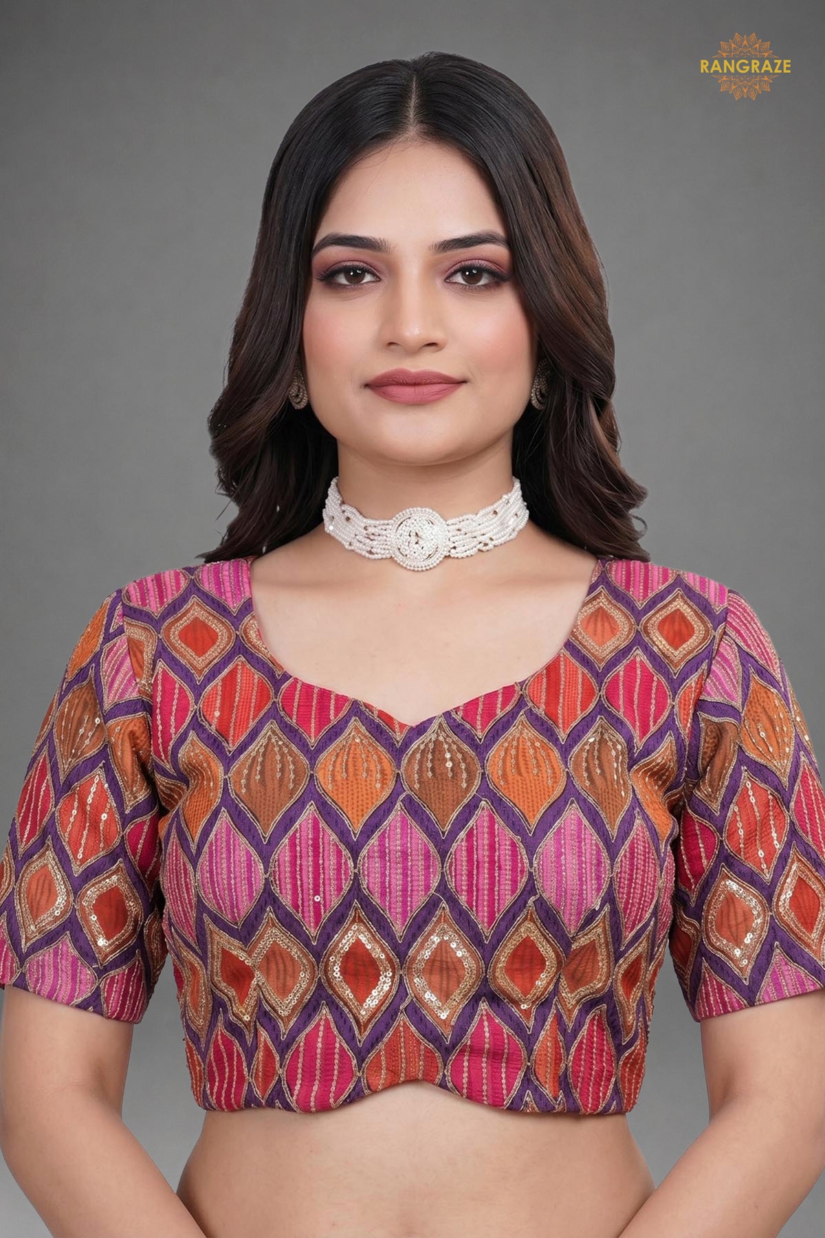 Multicolor Printed Viscose Blouse with Embroidered Work