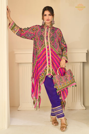 Multicolor Readymade Embroidered Crepe Silk Suit