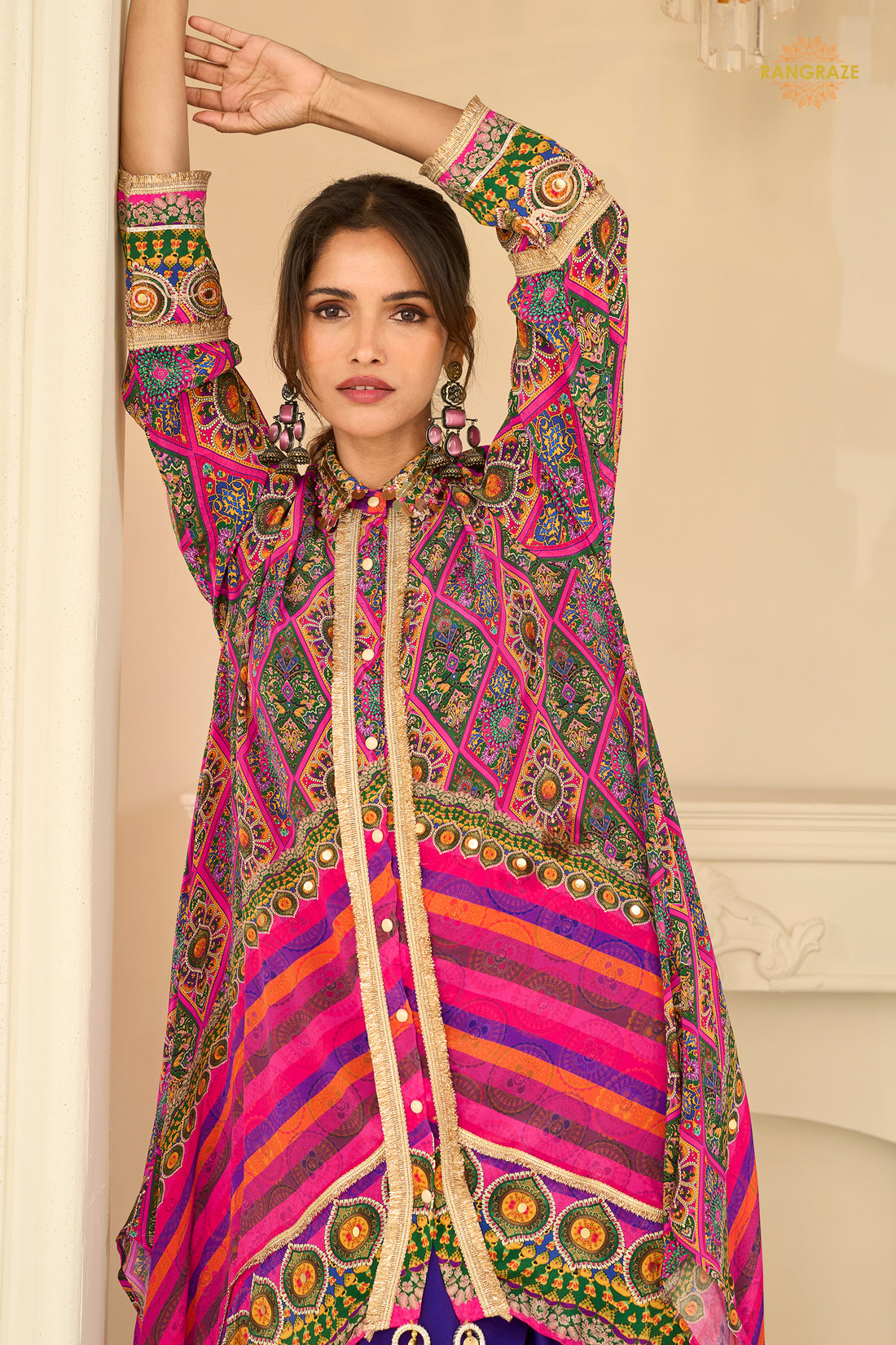 Multicolor Readymade Embroidered Crepe Silk Suit
