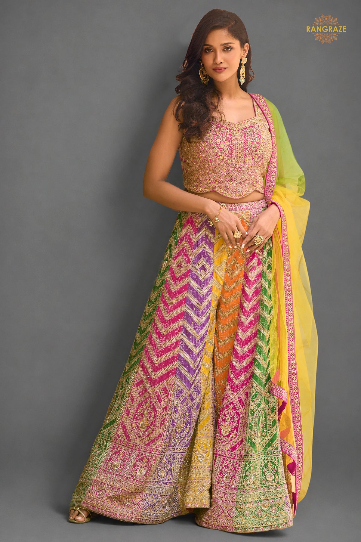 Multicolor Stitched Chinon Palazzo Set with Dupatta