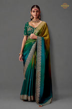 Mustard And Teal Ombre Woven Dola Crape Soft Silk