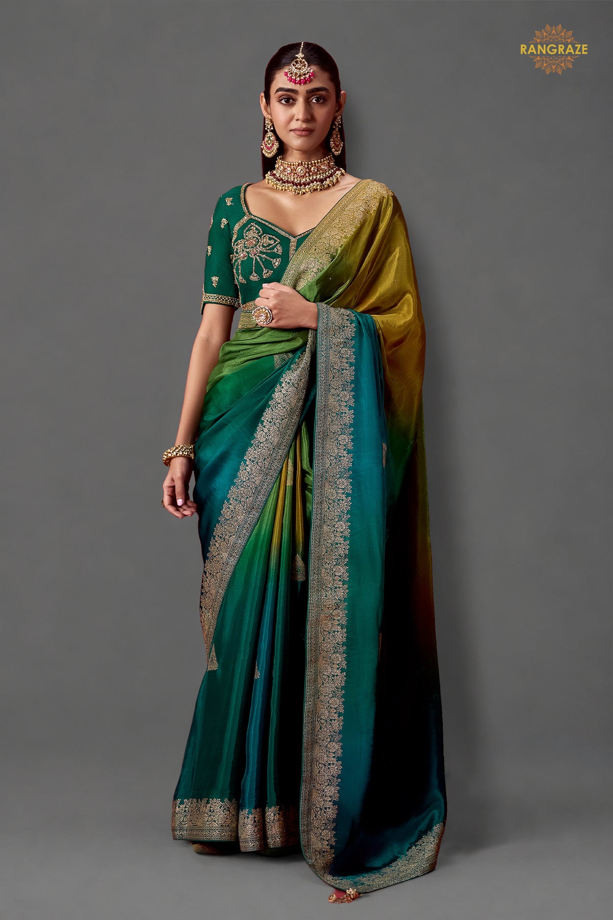 Mustard And Teal Ombre Woven Dola Crape Soft Silk
