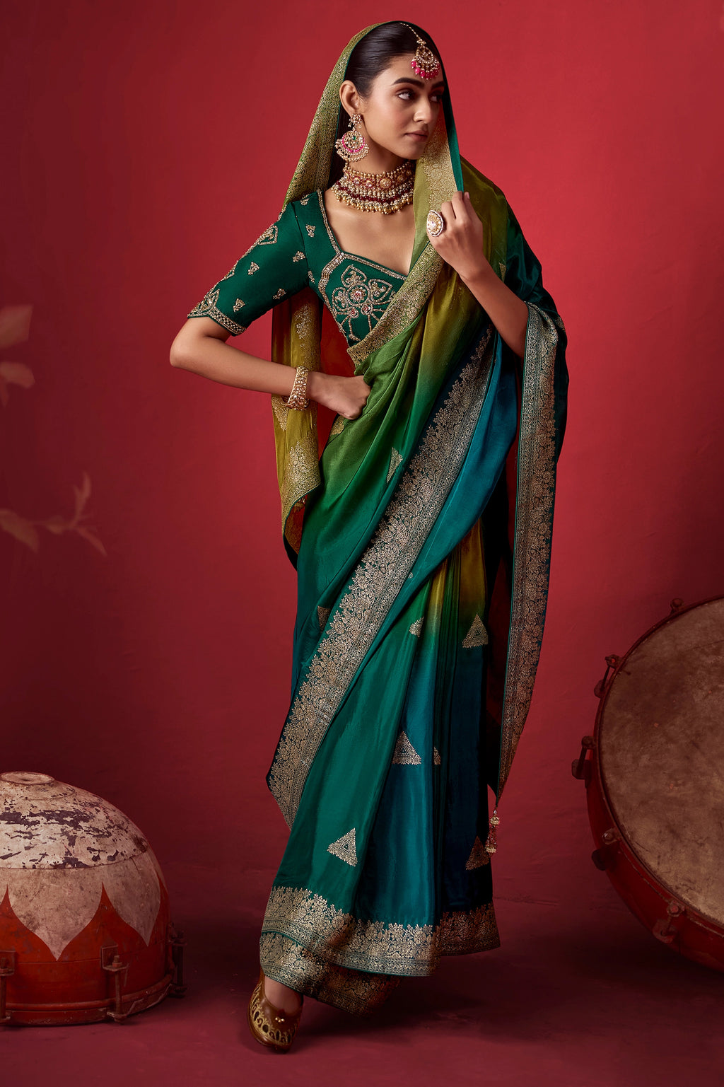 Mustard And Teal Ombre Woven Dola Crape Soft Silk