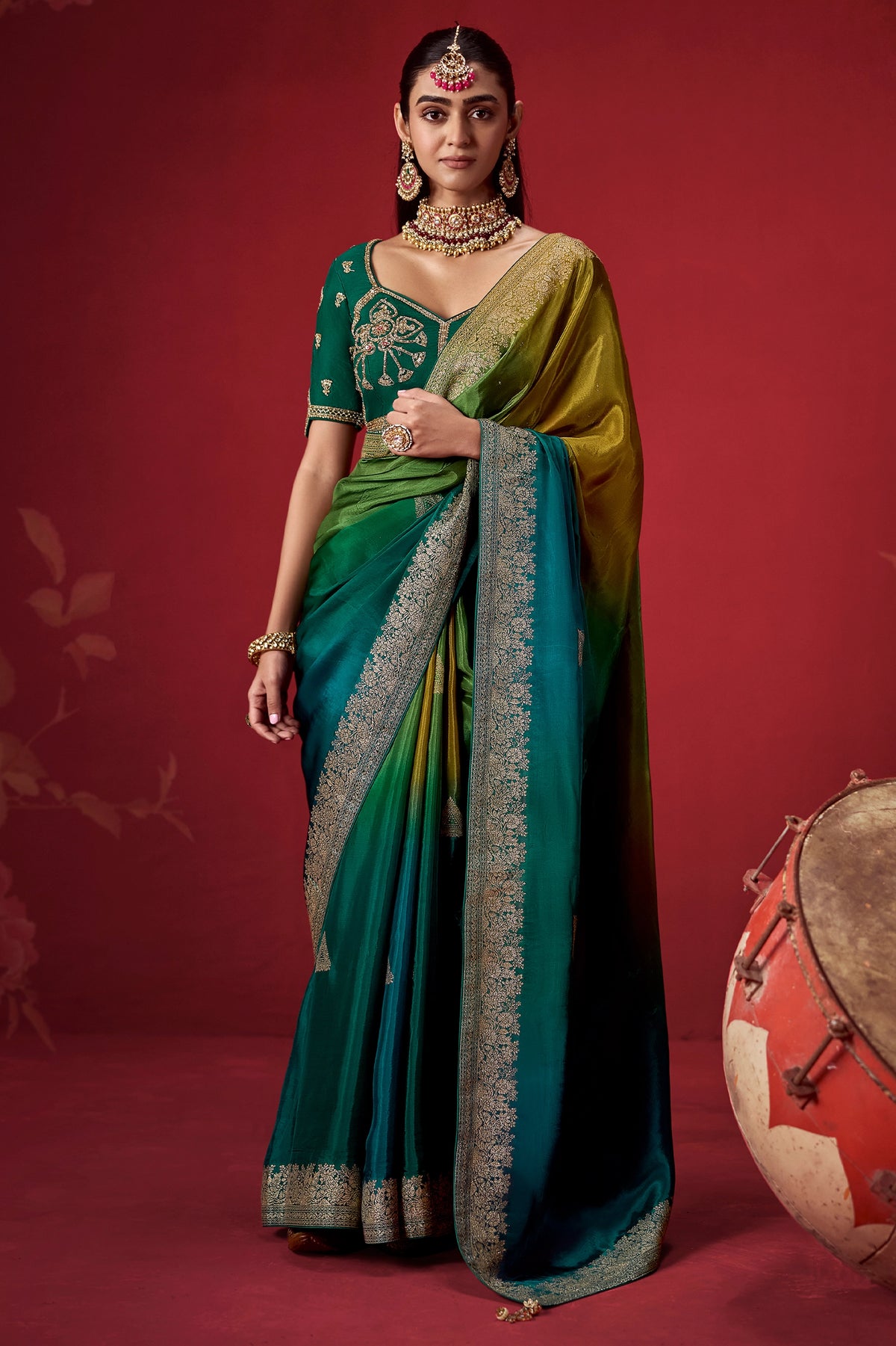 Mustard And Teal Ombre Woven Dola Crape Soft Silk