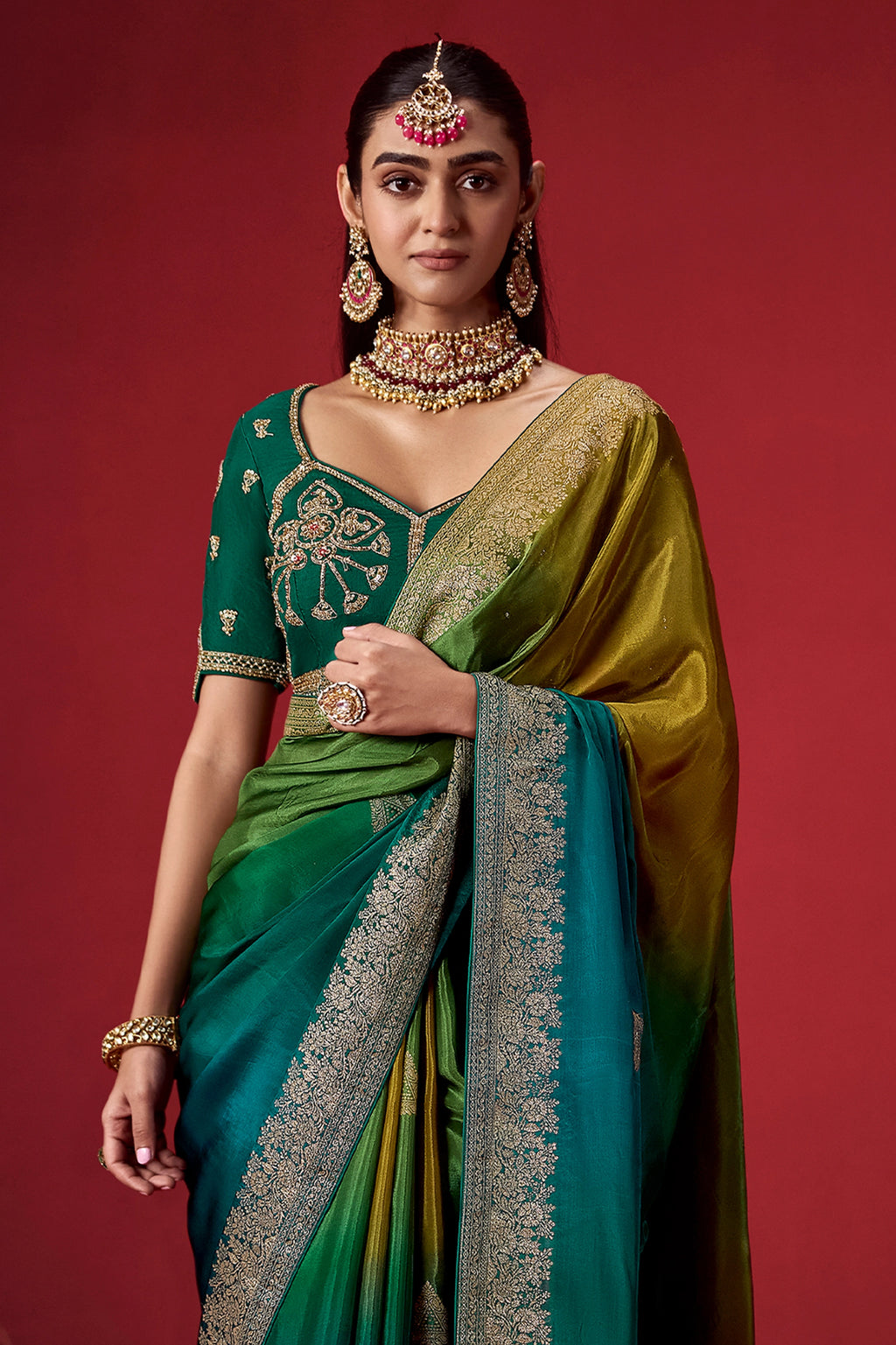 Mustard And Teal Ombre Woven Dola Crape Soft Silk