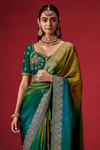 Mustard And Teal Ombre Woven Dola Crape Soft Silk