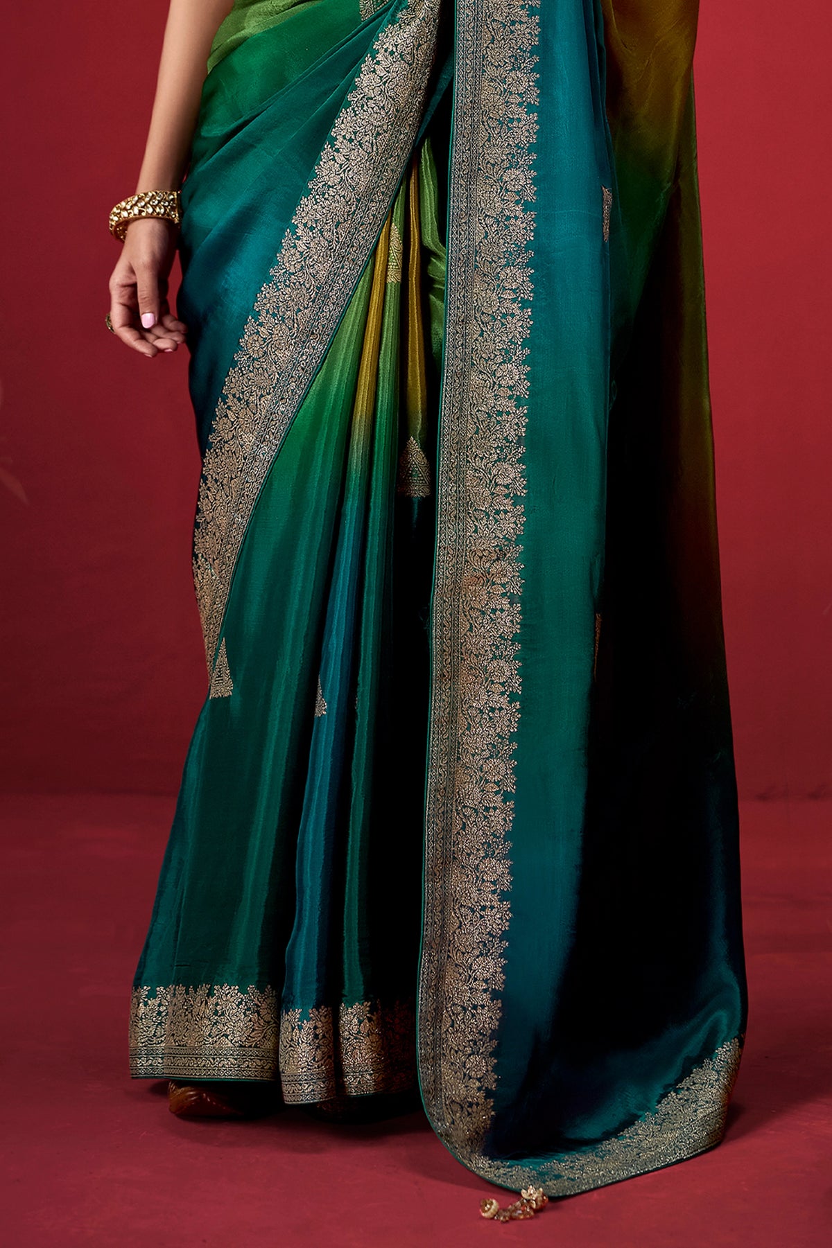 Mustard And Teal Ombre Woven Dola Crape Soft Silk