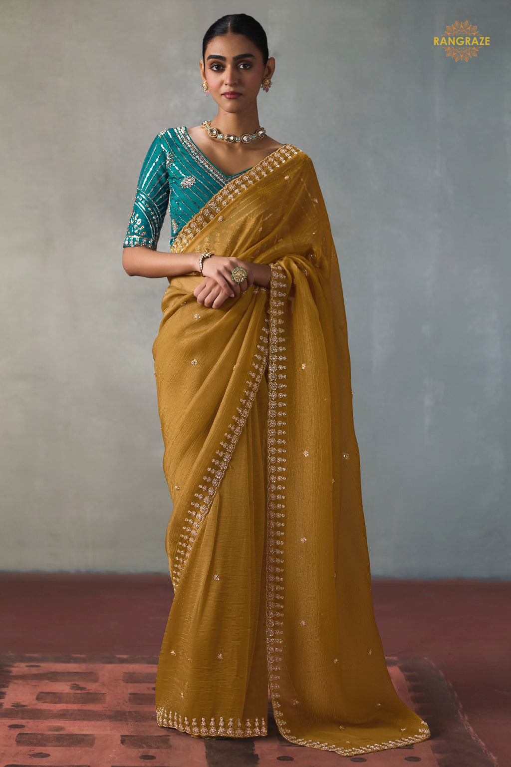 Mustard Yellow Bead Work Sheer Texture Silk Saree