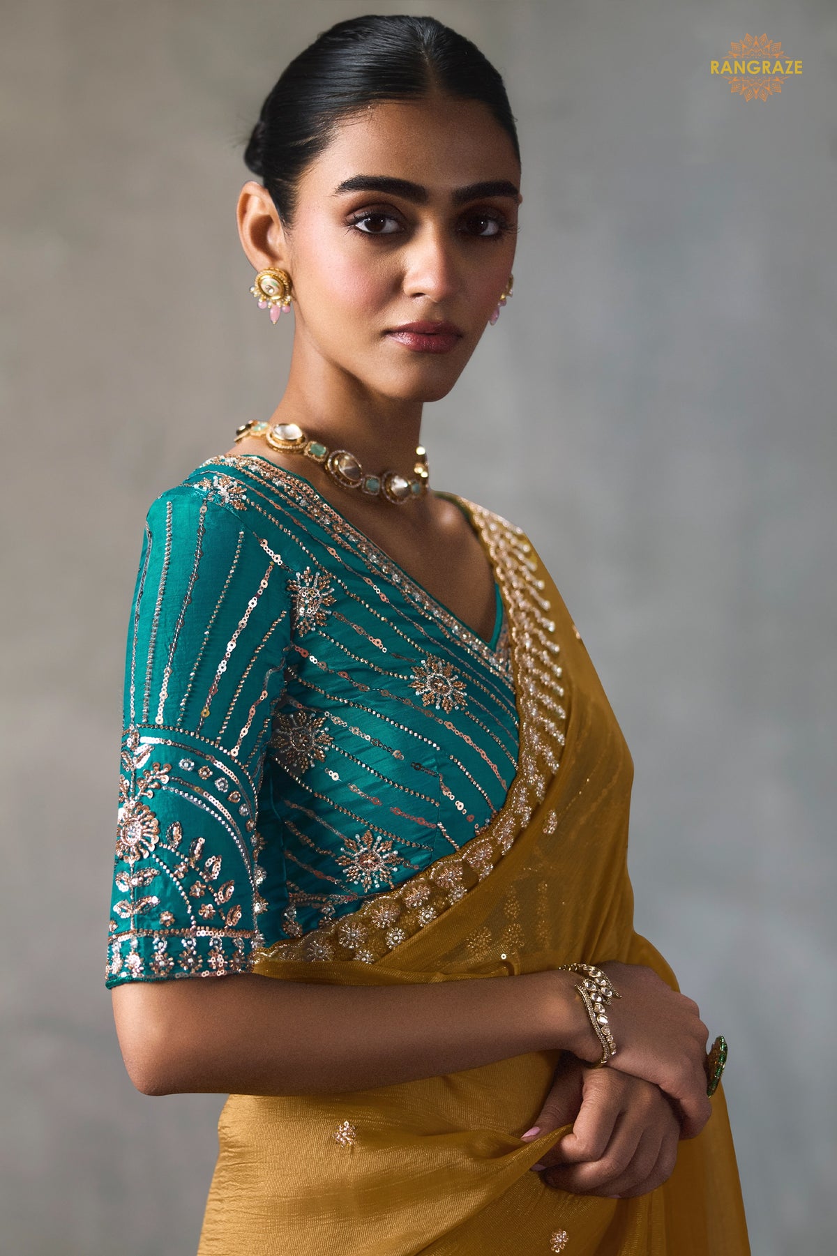 Mustard Yellow Bead Work Sheer Texture Silk Saree