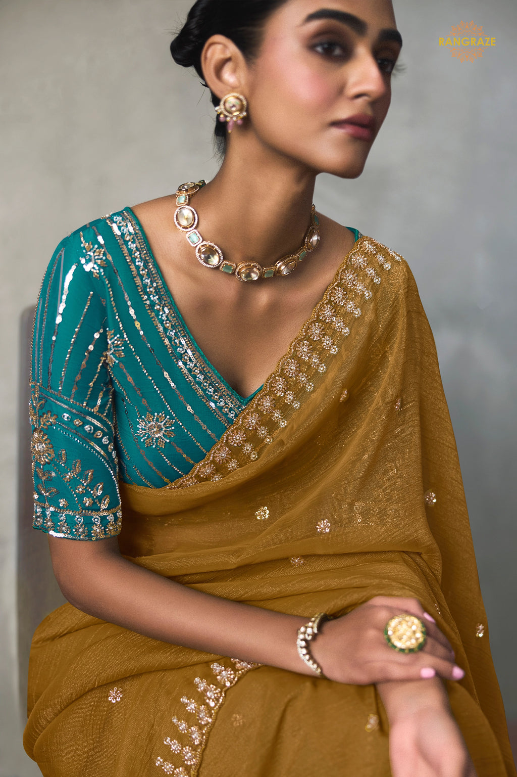Mustard Yellow Bead Work Sheer Texture Silk Saree