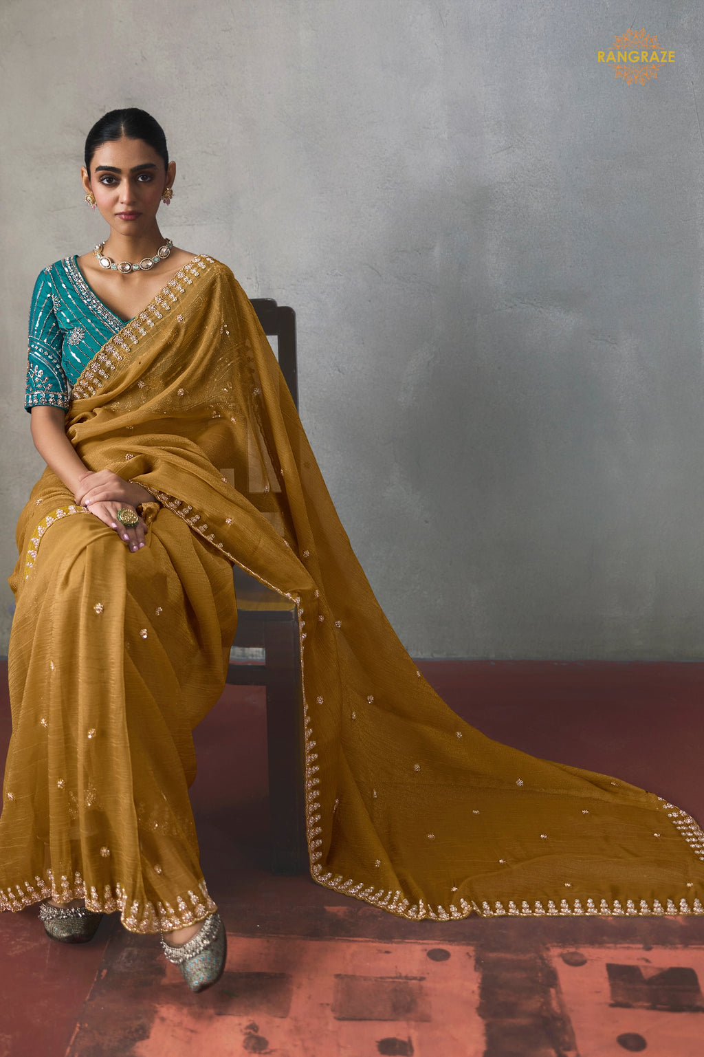 Mustard Yellow Bead Work Sheer Texture Silk Saree