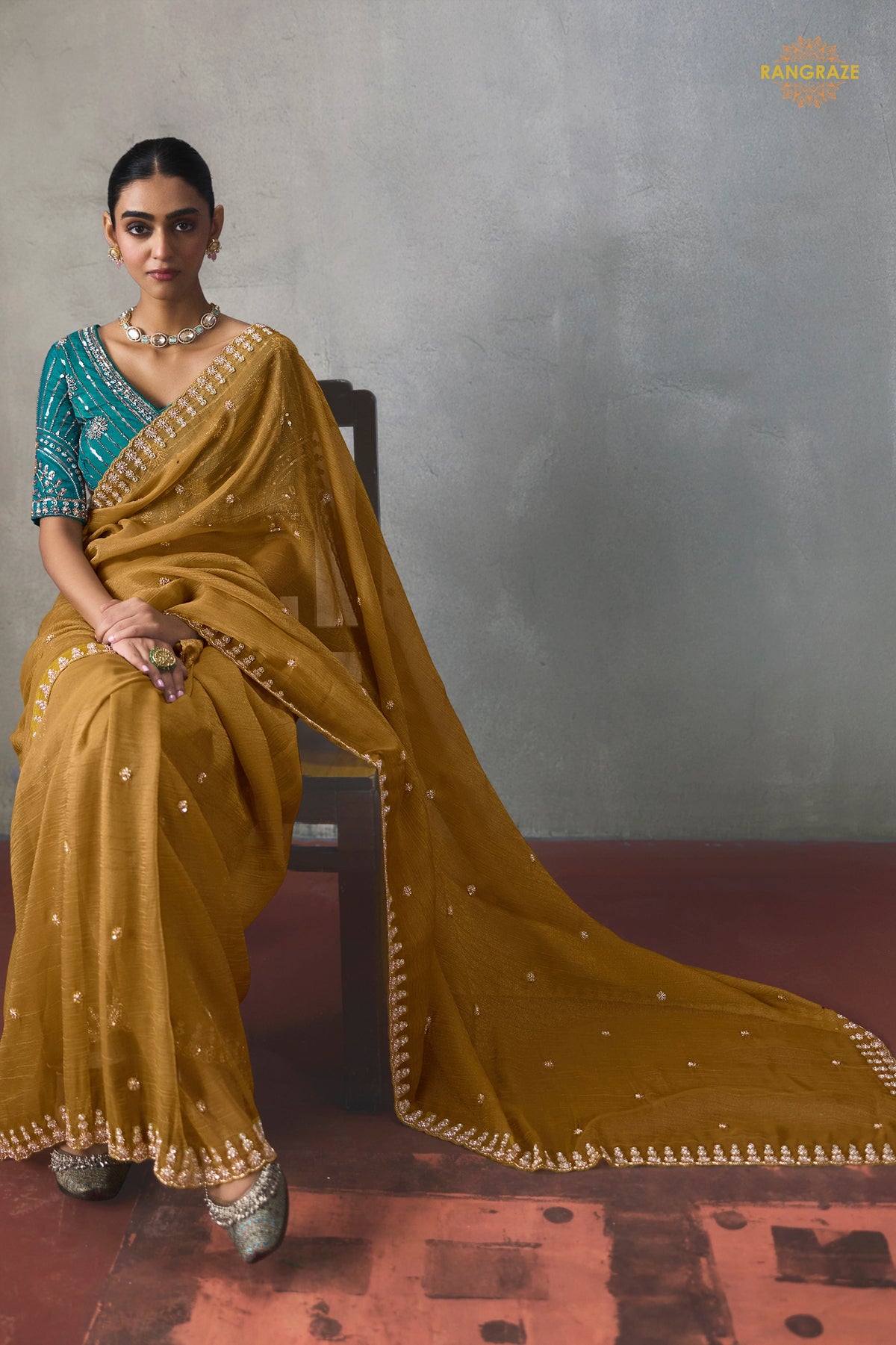 Mustard Yellow Bead Work Sheer Texture Silk Saree