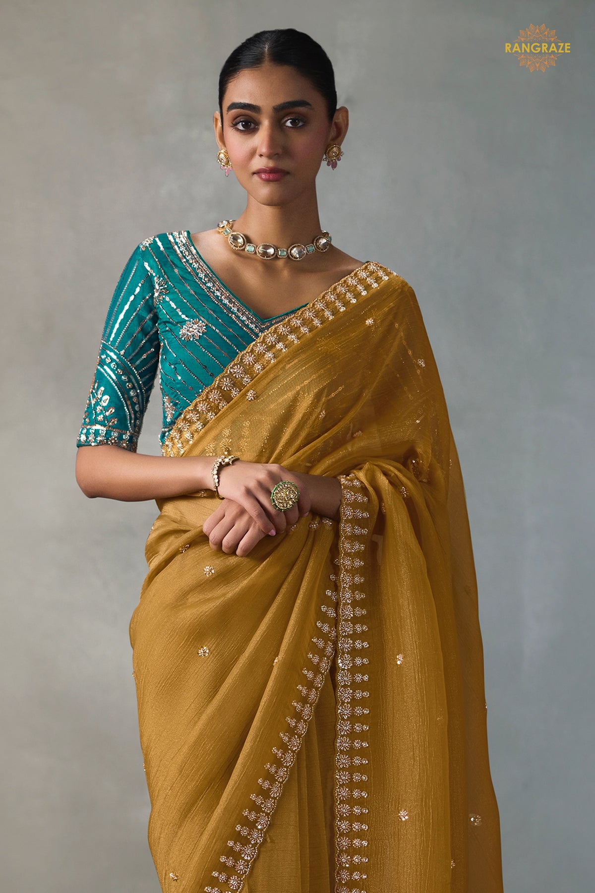 Mustard Yellow Bead Work Sheer Texture Silk Saree