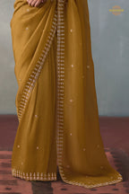 Mustard Yellow Bead Work Sheer Texture Silk Saree
