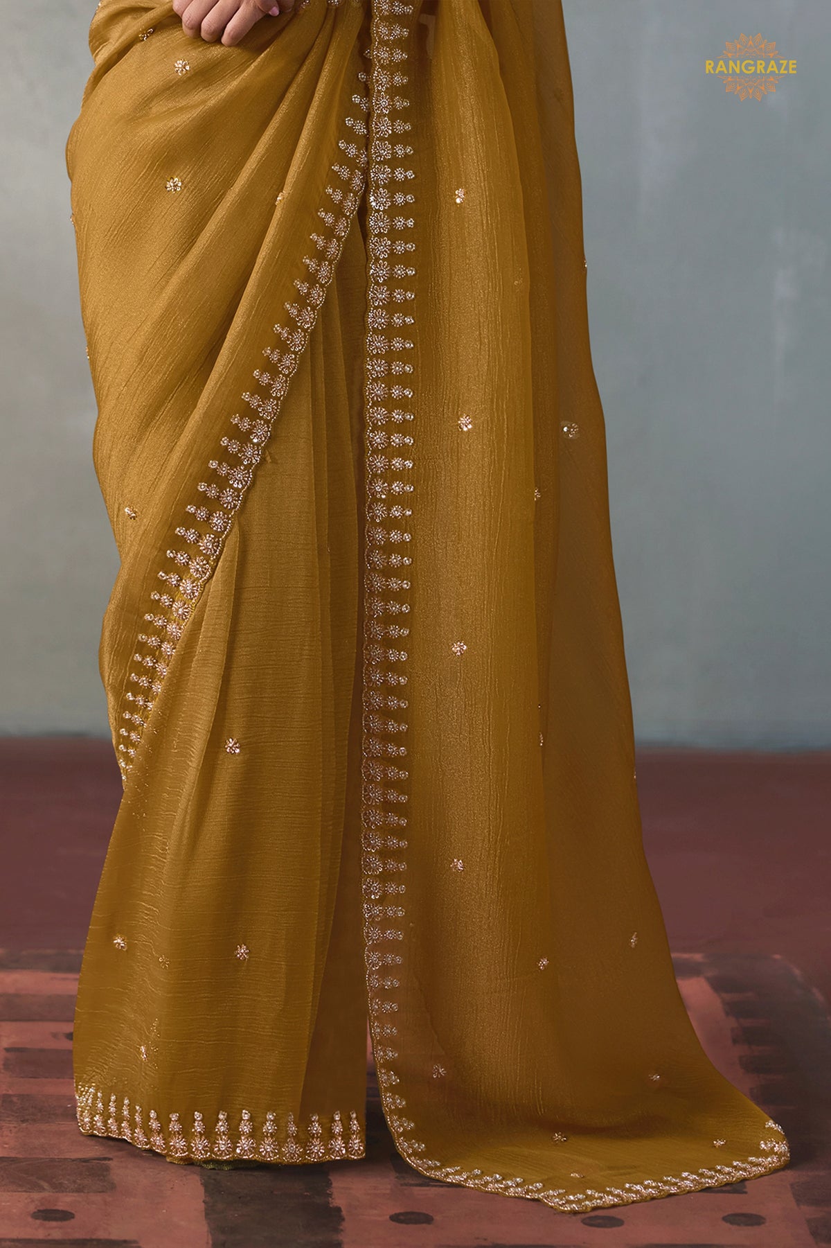 Mustard Yellow Bead Work Sheer Texture Silk Saree