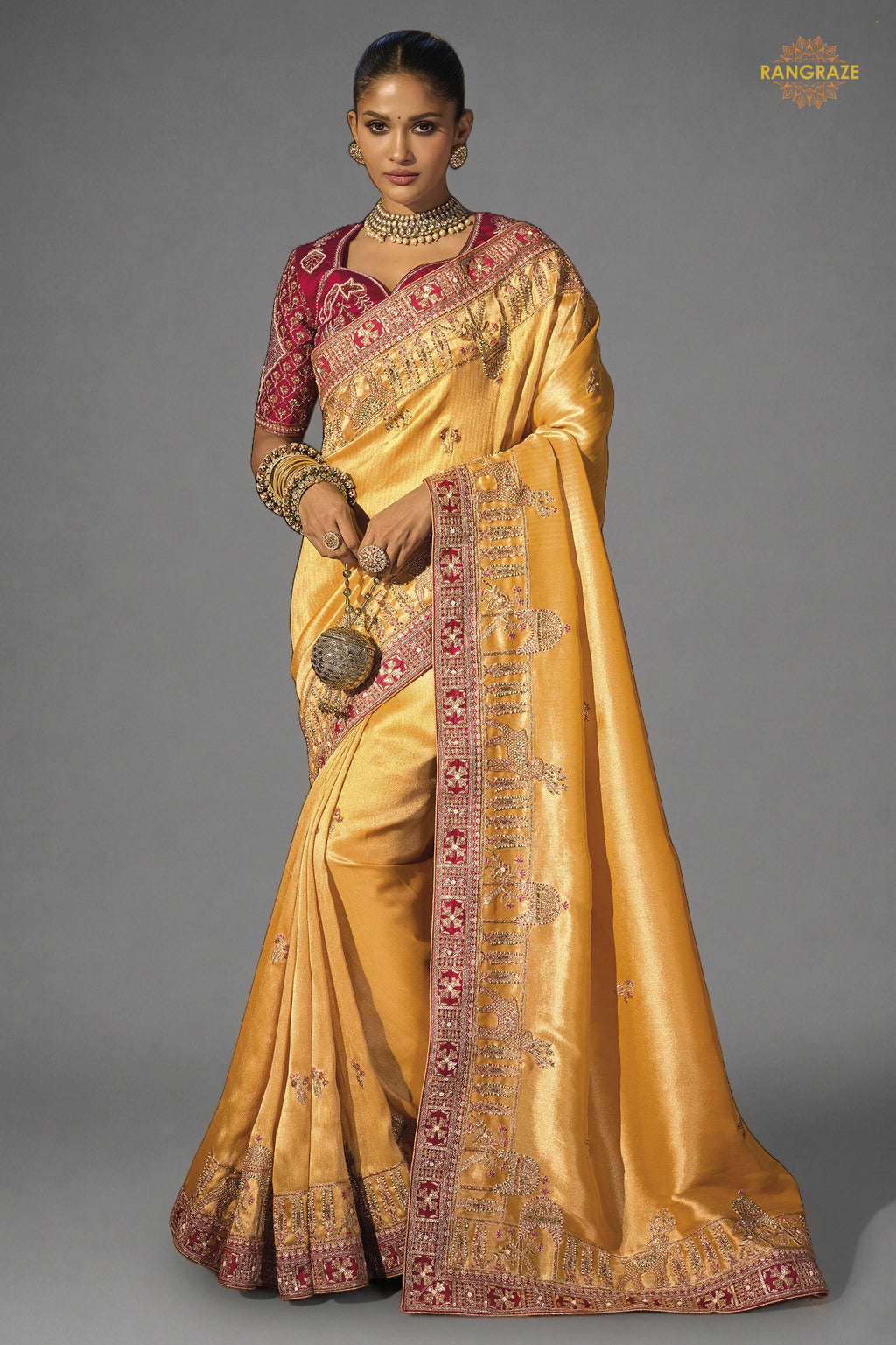 Mustard Yellow Embroidered Madhurai Silk Saree