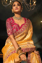 Mustard Yellow Embroidered Madhurai Silk Saree