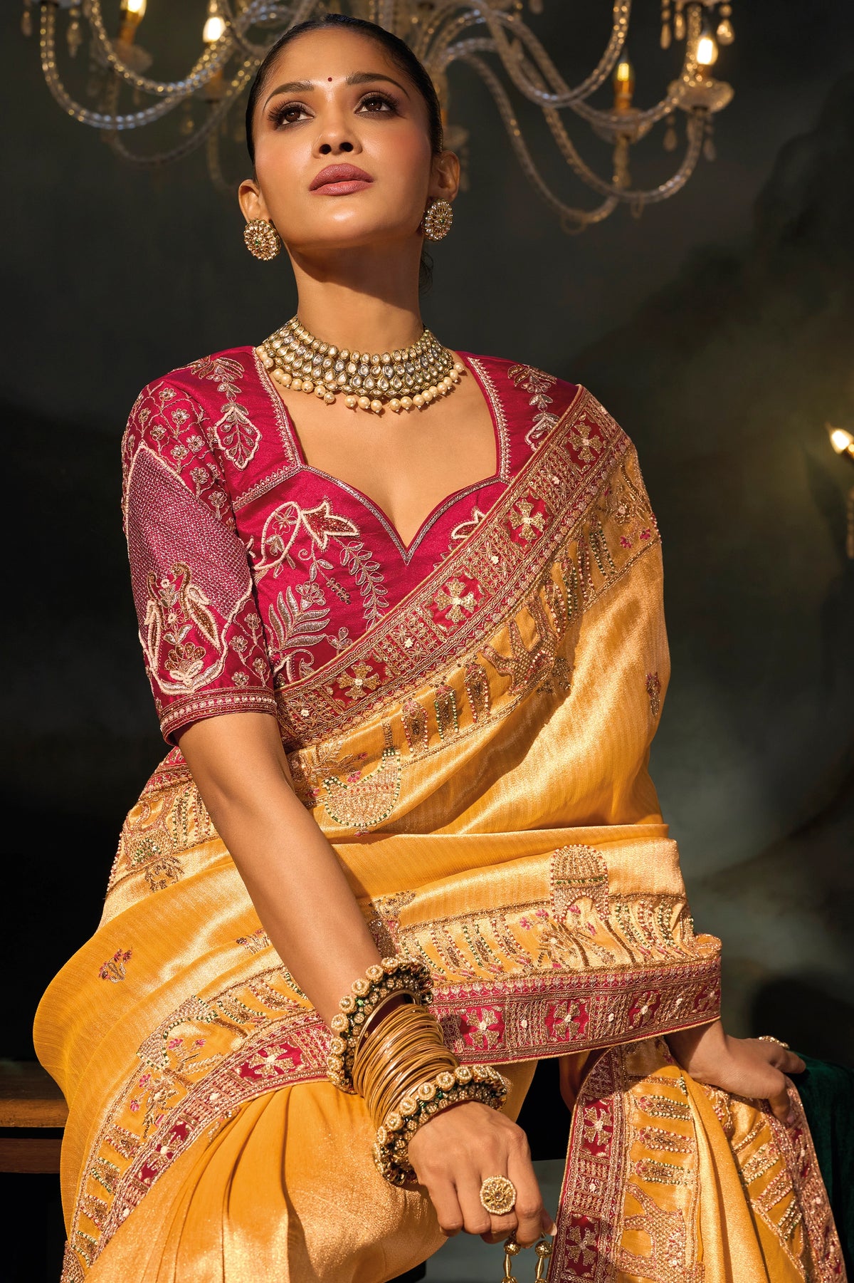 Mustard Yellow Embroidered Madhurai Silk Saree
