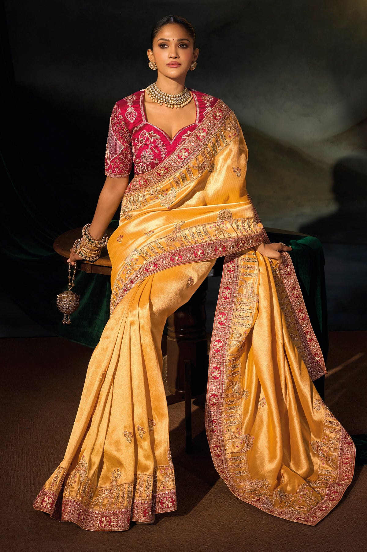 Mustard Yellow Embroidered Madhurai Silk Saree
