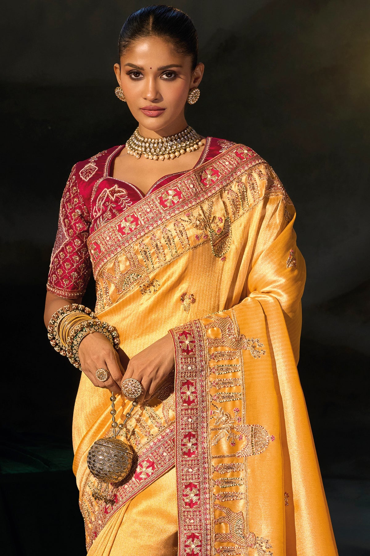 Mustard Yellow Embroidered Madhurai Silk Saree