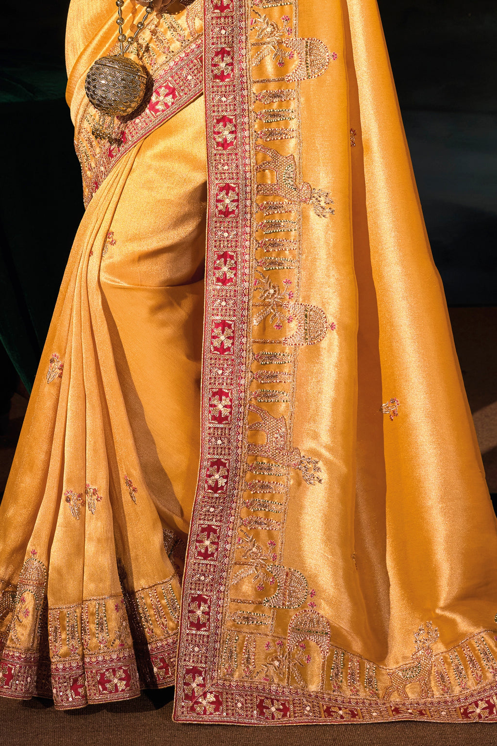 Mustard Yellow Embroidered Madhurai Silk Saree