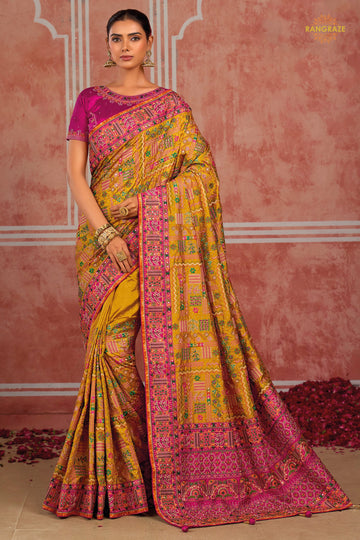 Mustard Yellow Kachi Work Shana Silk Saree With Mirror Work