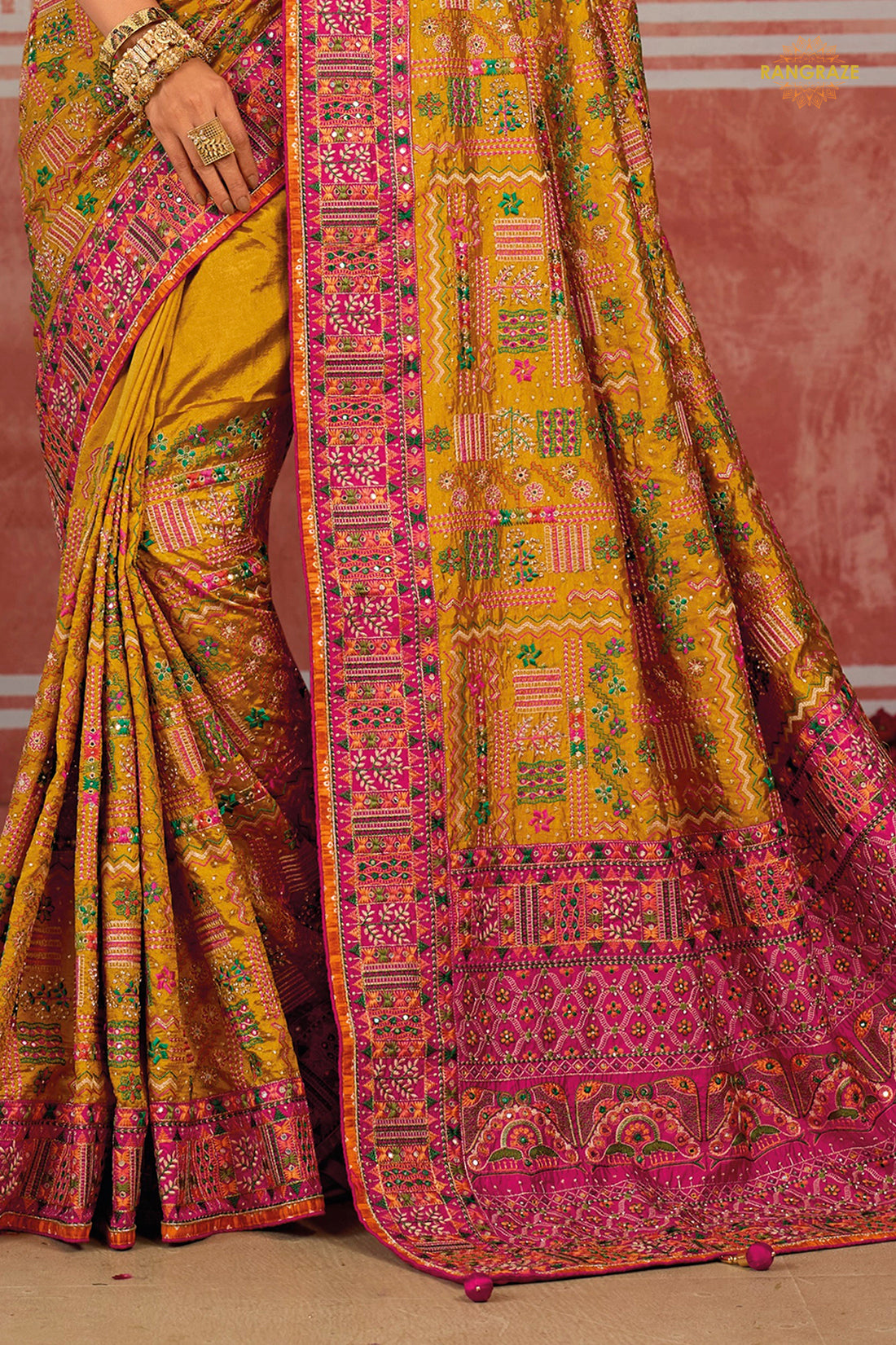 Mustard Yellow Kachi Work Shana Silk Saree With Mirror Work