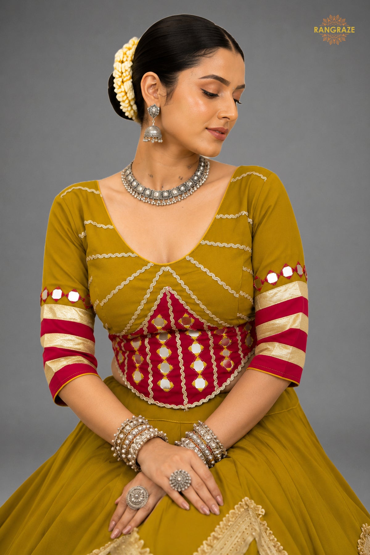 Mustard Yellow Stitched Mirror Work Cotton Lehenga