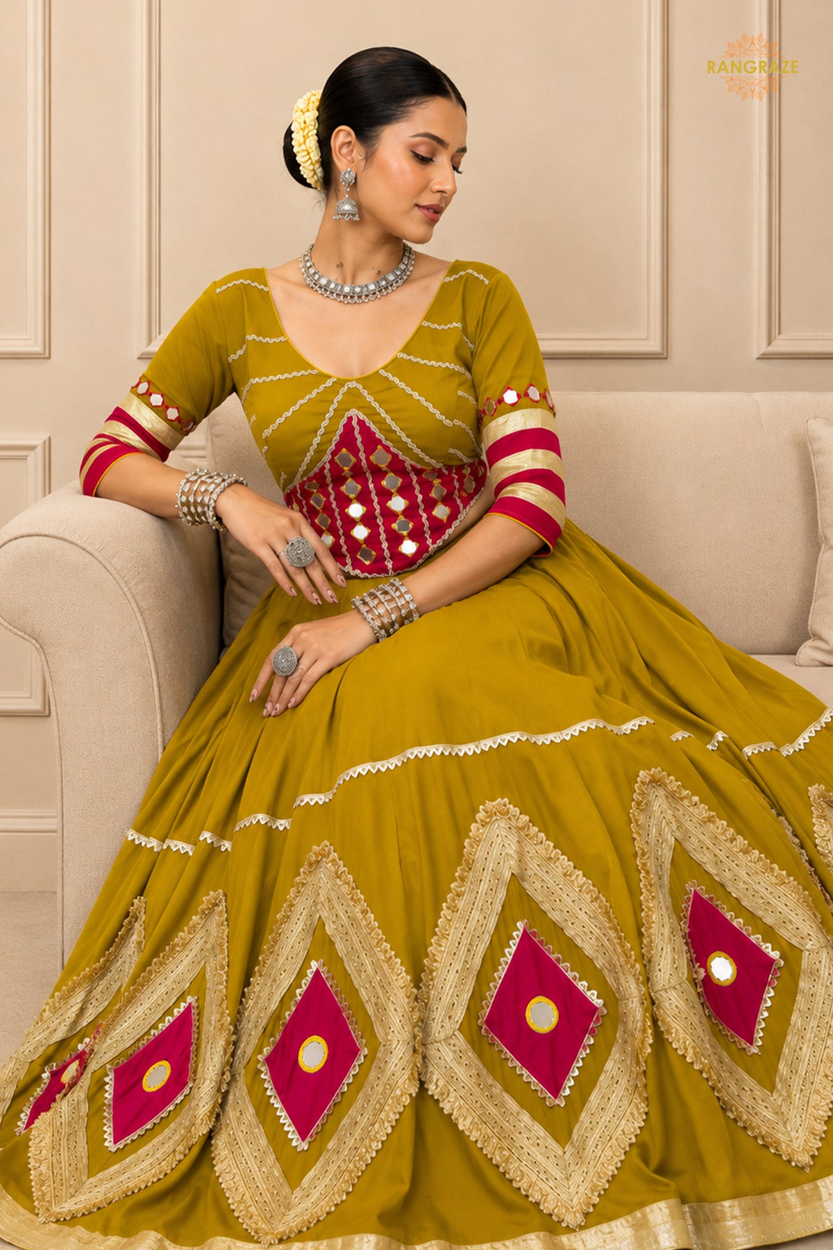 Mustard Yellow Stitched Mirror Work Cotton Lehenga