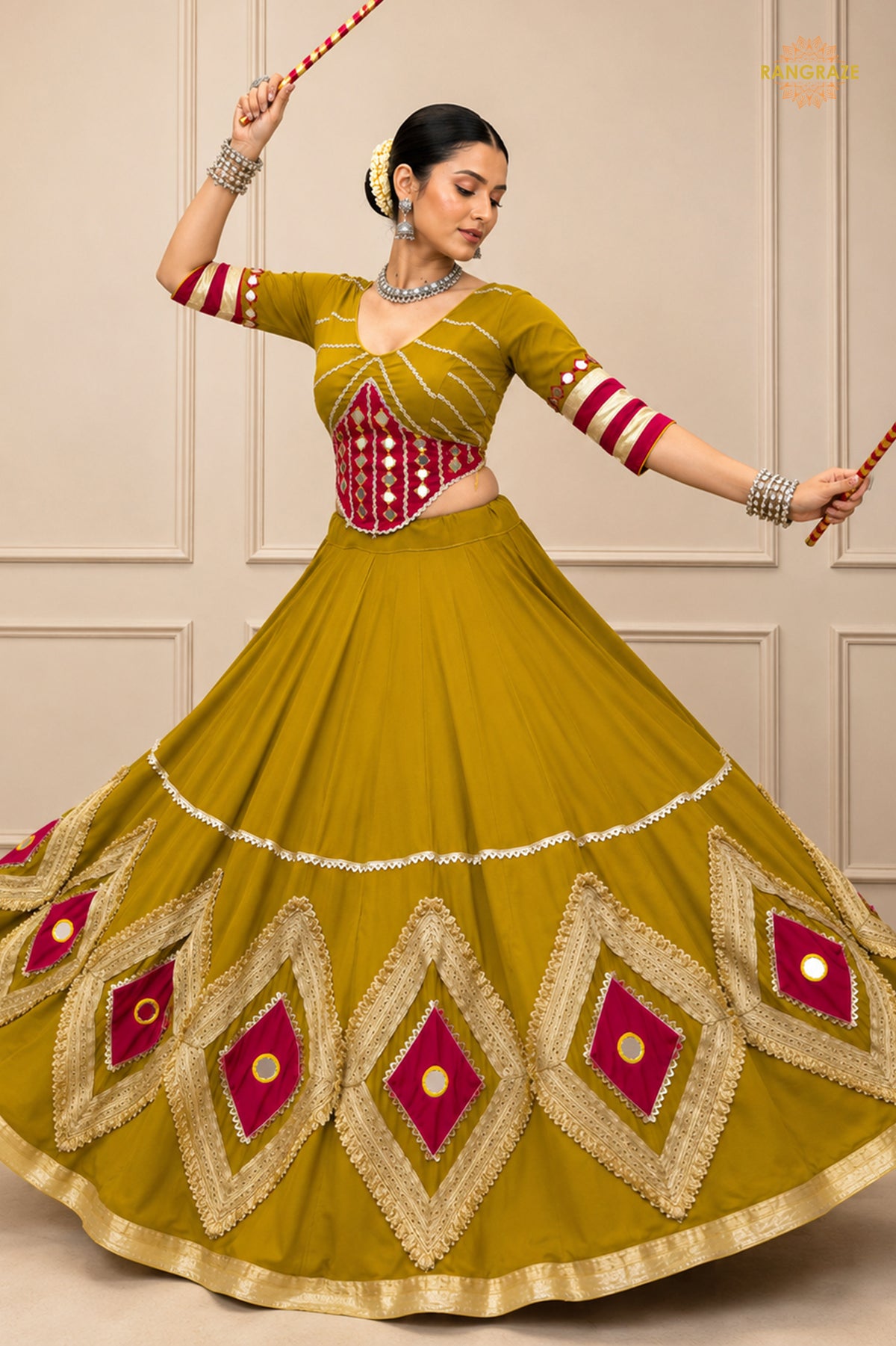 Mustard Yellow Stitched Mirror Work Cotton Lehenga