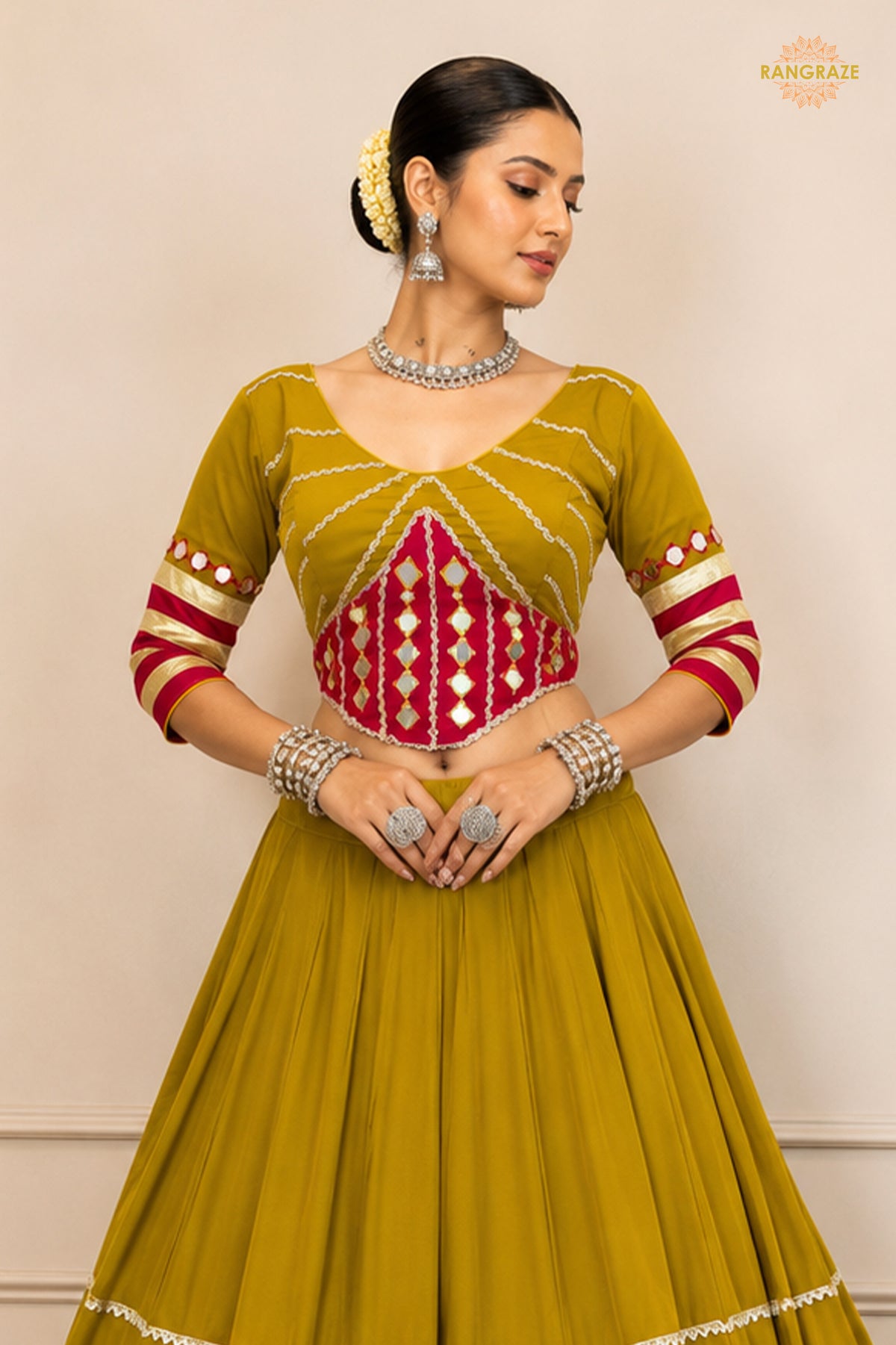 Mustard Yellow Stitched Mirror Work Cotton Lehenga