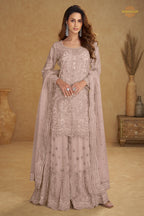Muted Mauve Stitched Embroidered Net Palazzo Suit