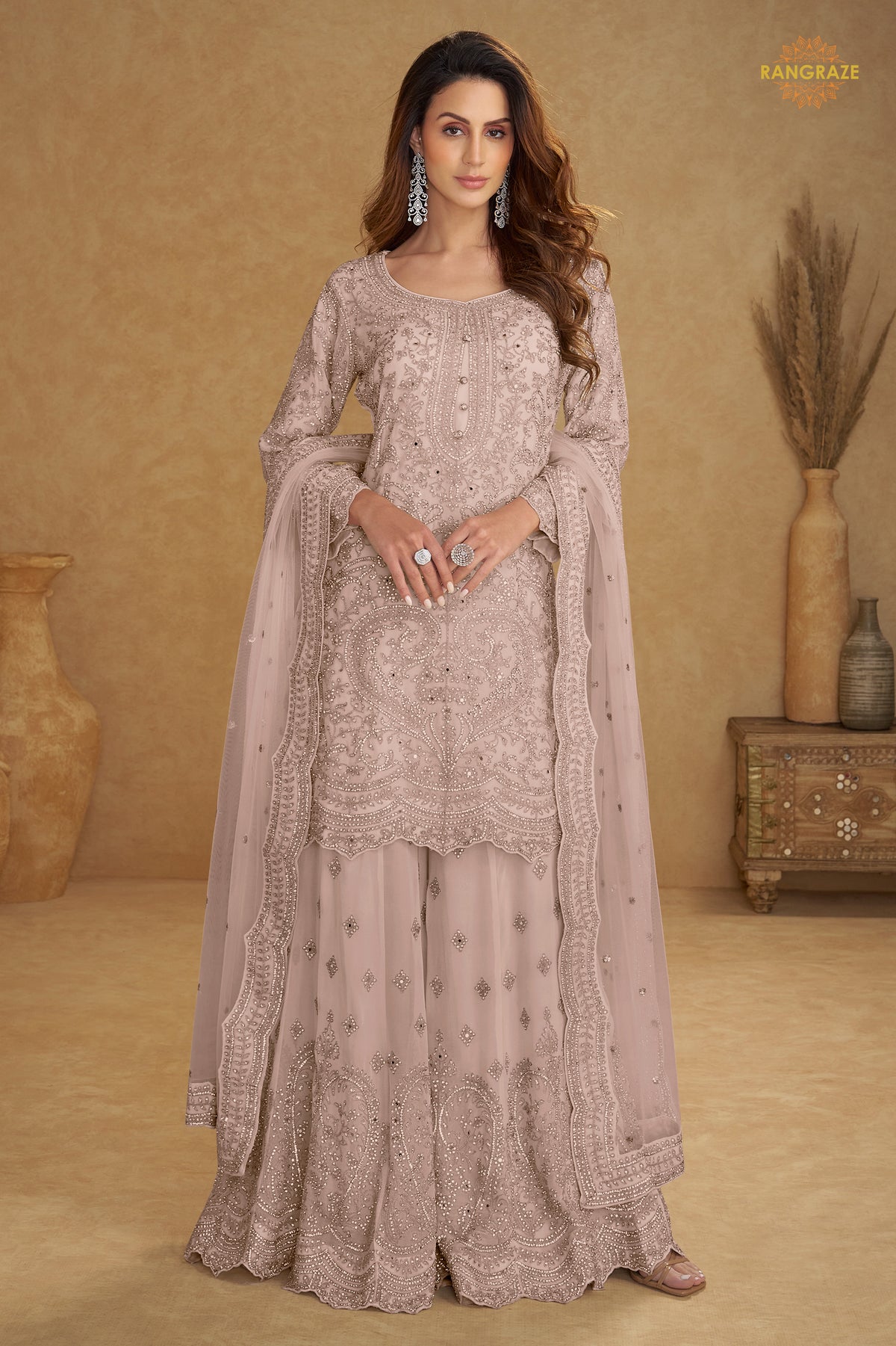 Muted Mauve Stitched Embroidered Net Palazzo Suit