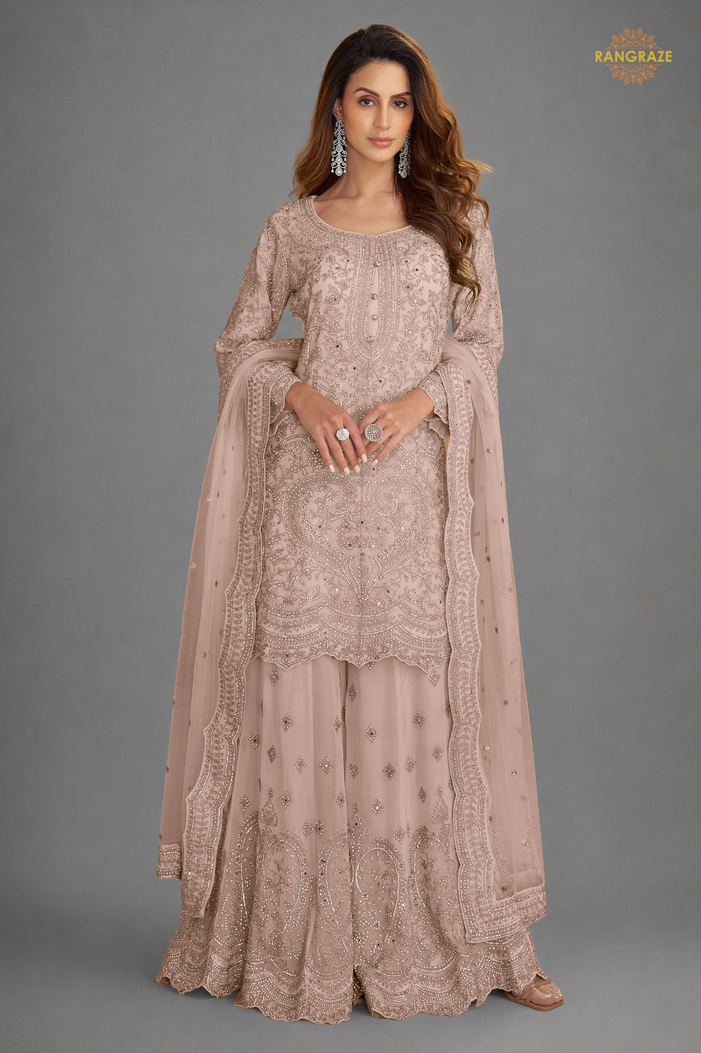 Muted Mauve Stitched Embroidered Net Palazzo Suit