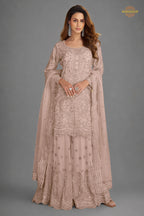Muted Mauve Stitched Embroidered Net Palazzo Suit