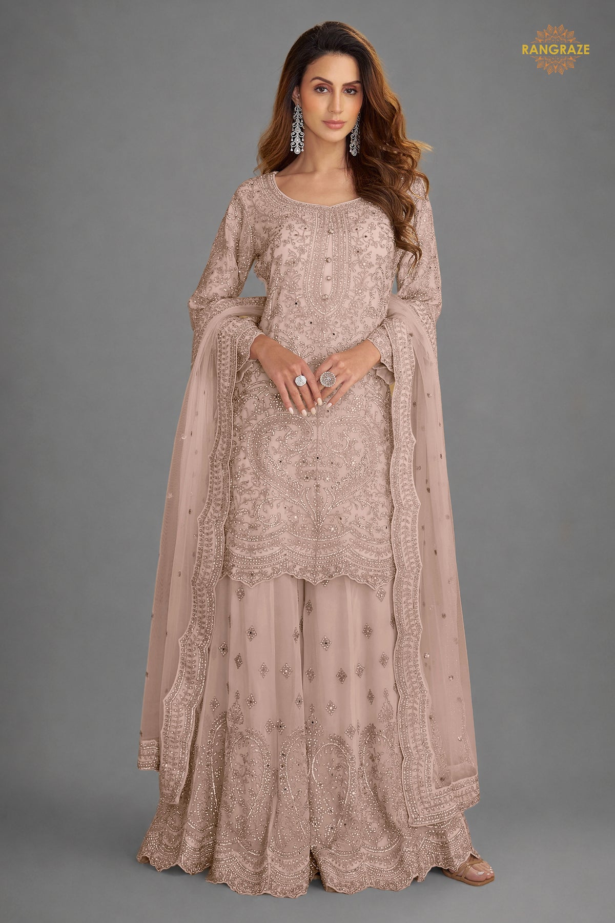 Muted Mauve Stitched Embroidered Net Palazzo Suit