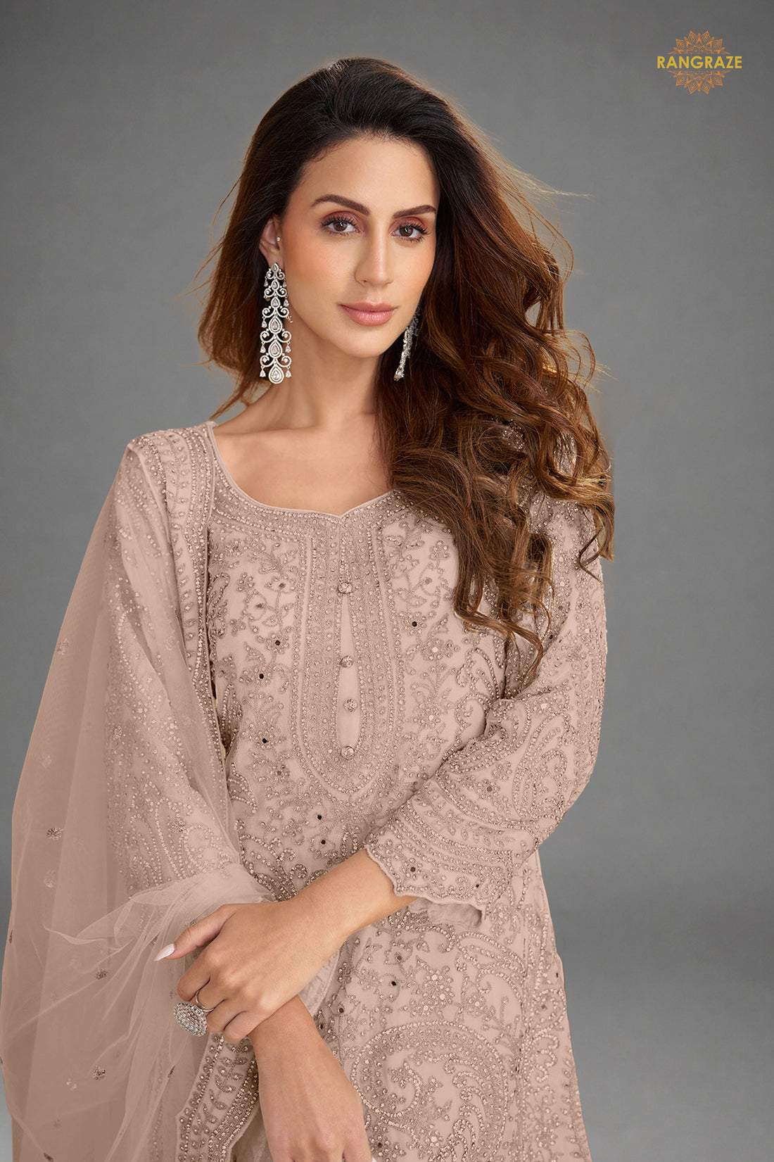 Muted Mauve Stitched Embroidered Net Palazzo Suit