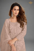 Muted Mauve Stitched Embroidered Net Palazzo Suit