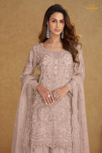 Muted Mauve Stitched Embroidered Net Palazzo Suit