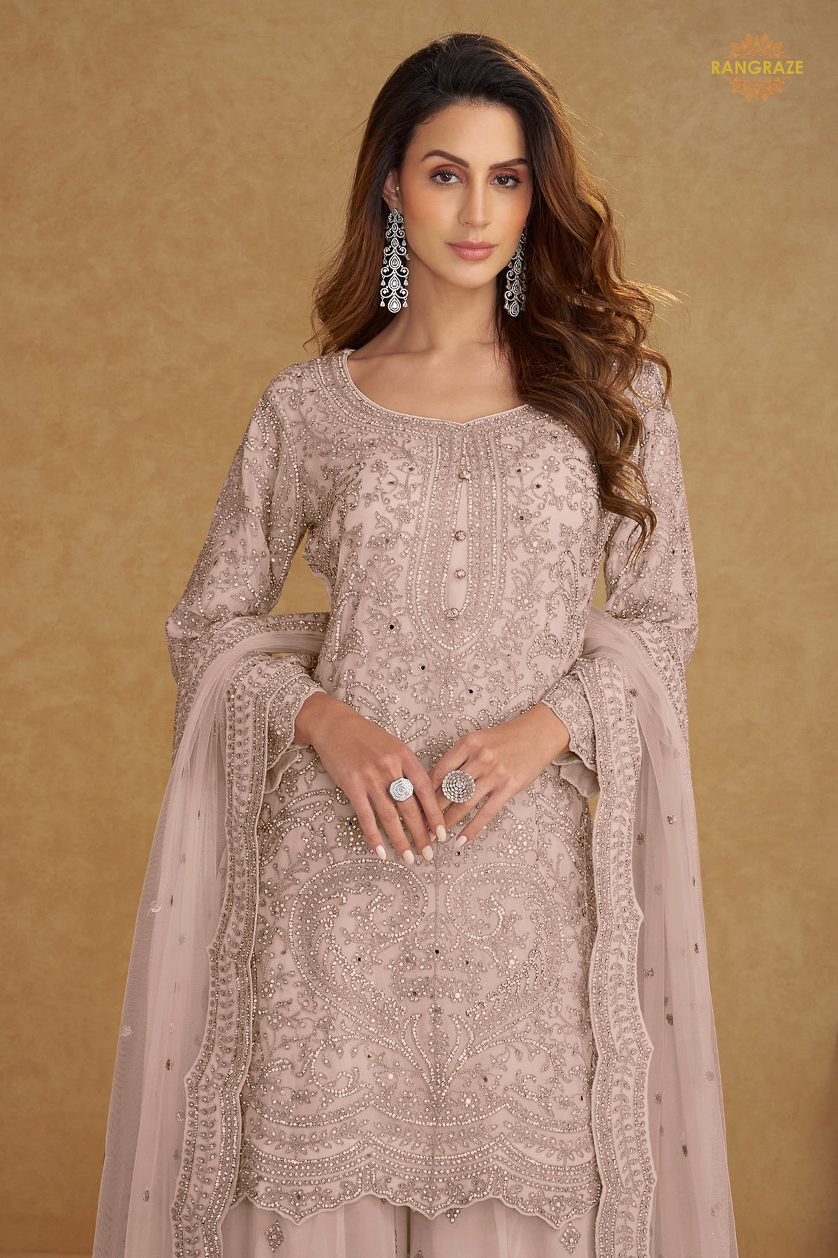 Muted Mauve Stitched Embroidered Net Palazzo Suit